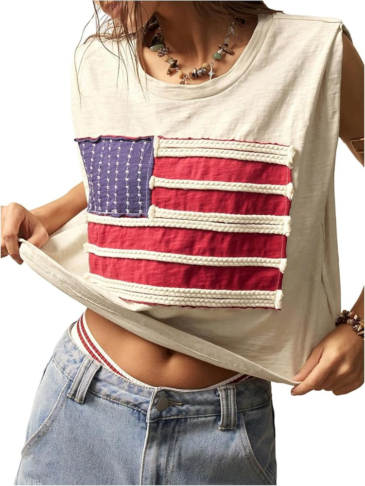 WDIRARA Women's American Flag Tank Top Crew Neck Sleeveless Tops Streetwear | Amazon (US)