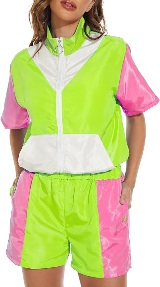 Yisfri Women's Color Block Windbreaker 2 Piece Outfits Short Sleeve Zip Front Elastic Waist Track... | Amazon (US)