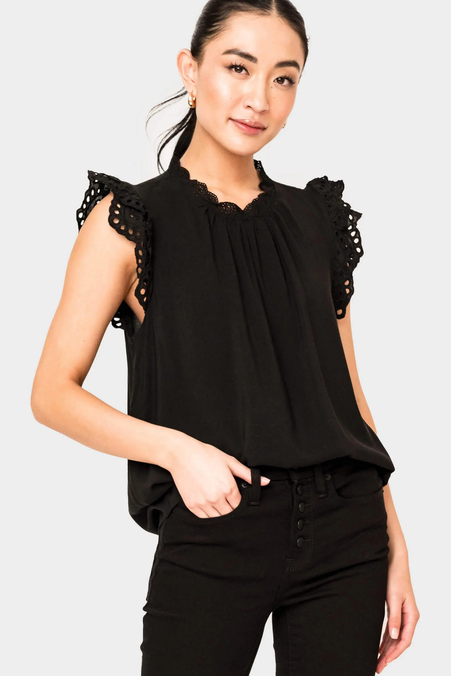 Eyelet Trim Woven Top | Gibson
