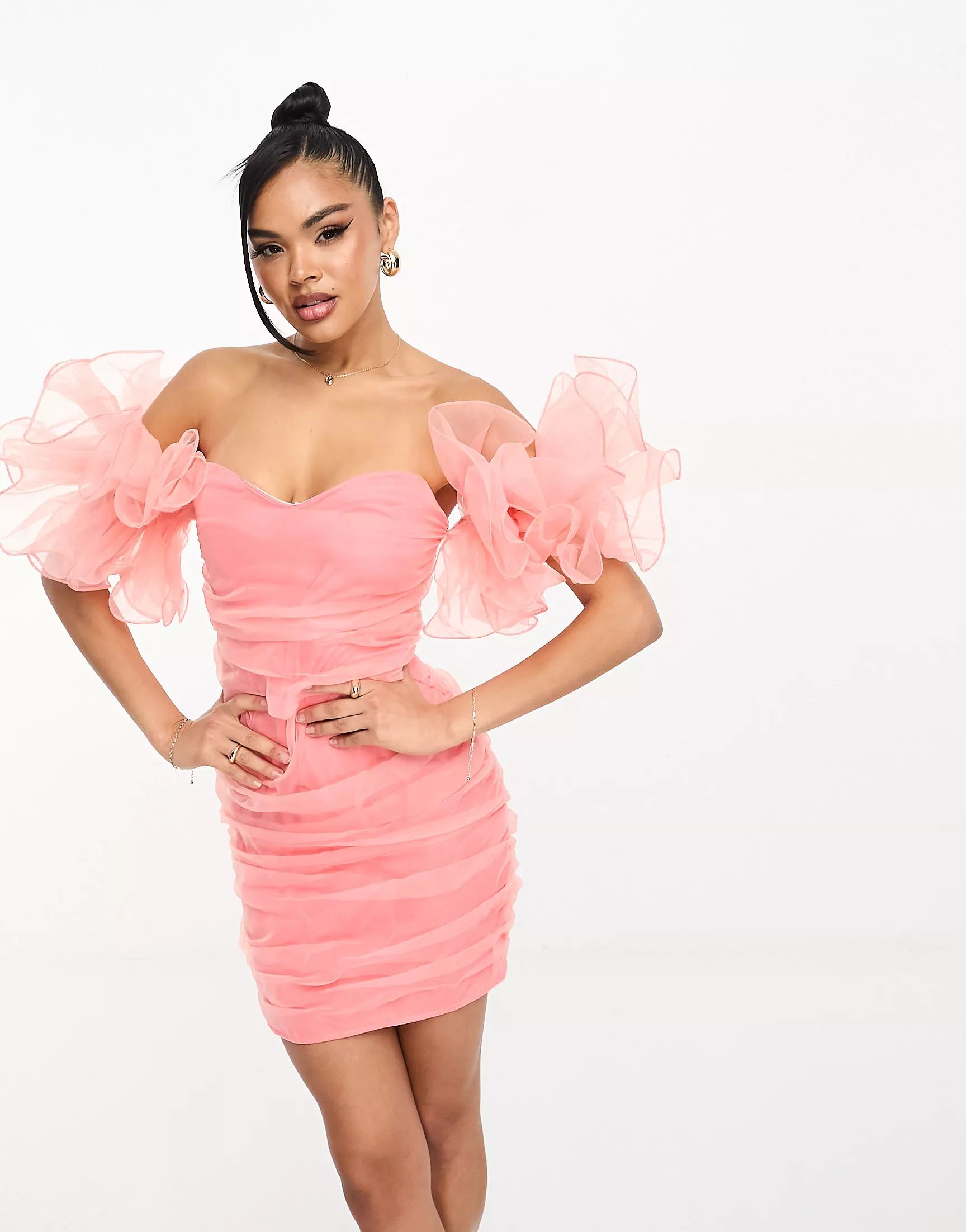 Club L London coral sweetheart organza ruffle sleeve mini dress in pink | ASOS (Global)