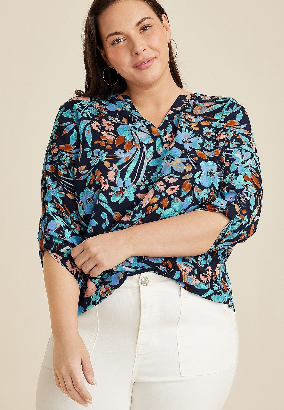 Plus Size Atwood Floral 3/4 Sleeve Popover Blouse | Maurices