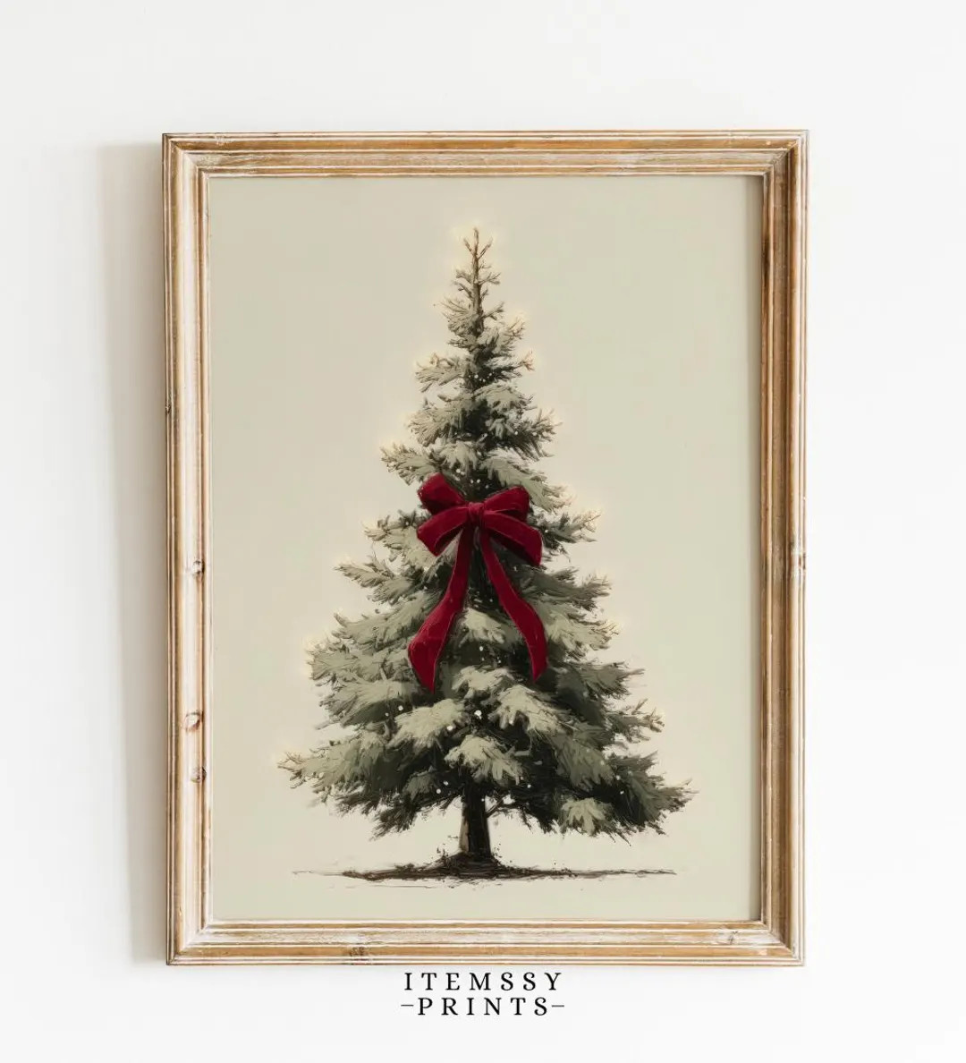 Vintage Christmas Tree Wall Art With Red Bow • Snowy Pine Holiday Print • Rustic Winter Farmh... | Etsy (US)