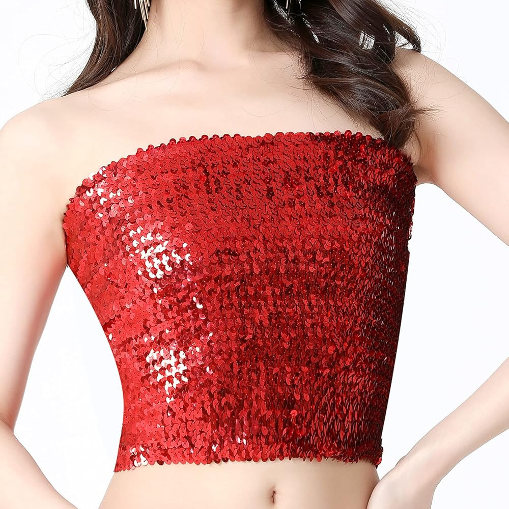 Women's Sequin Tube Top Stretchy Sleeveless Crop Tops Metallic Sparkly Tube Tops for Halloween Pa... | Amazon (US)