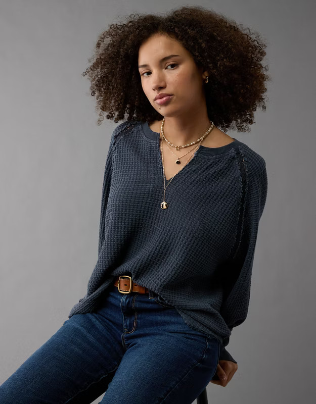 AE Big Hug Notch Neck Waffle Sweatshirt | American Eagle Outfitters (US & CA)