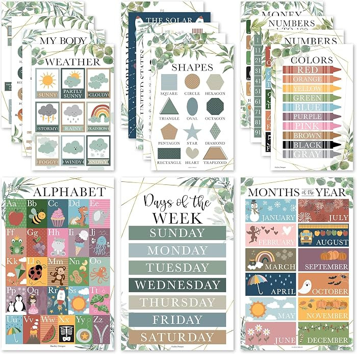 16 Greenery Kids Educational Posters For Toddlers - Pre K Learning Posters For Toddlers 1-3, Kind... | Amazon (US)