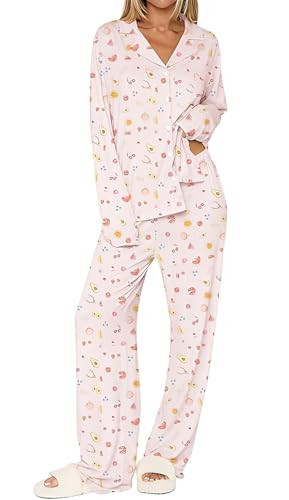 FHNUVB Womens 2 Piece Fruit Pajamas Set Cute Pjs Button Down Long Sleeve Wide Leg Y2K Coquette Lounge Set Sleepwear S-XL | Amazon (US)
