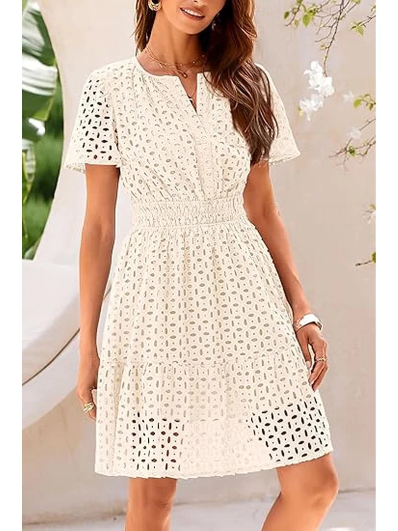 PRETTYGARDEN Womens Summer Short Dress V Neck Short Sleeve A Line Wear To Work Hollow Out Lace Ru... | Walmart (US)