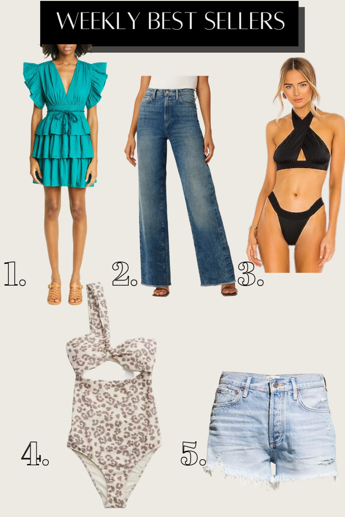 Weekly best sellers🤍 Ulla Johnson teal dress, Joe’s Jeans wide leg jeans, Norma Komali Swimsuit, Leopard one piece, and Agolde Parker Denim Shorts. 

#LTKswim #LTKstyletip #LTKFind