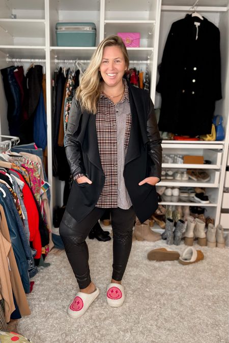 Spanx leather drape front jacket is 50% off today making it around $94 with shipping!!! Use code FLASH 

Flannel shirt is also on sale! 

Ashley Dorough is wearing a 2x in the Abercrombie top and moto Spanx leggings, and a 1x in the jacket. 

#LTKcurves #LTKsalealert #LTKunder100