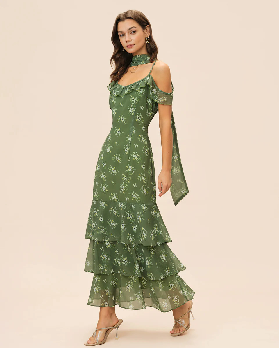 Green V Neck Ruffle Floral Maxi Dress | rihoas.com