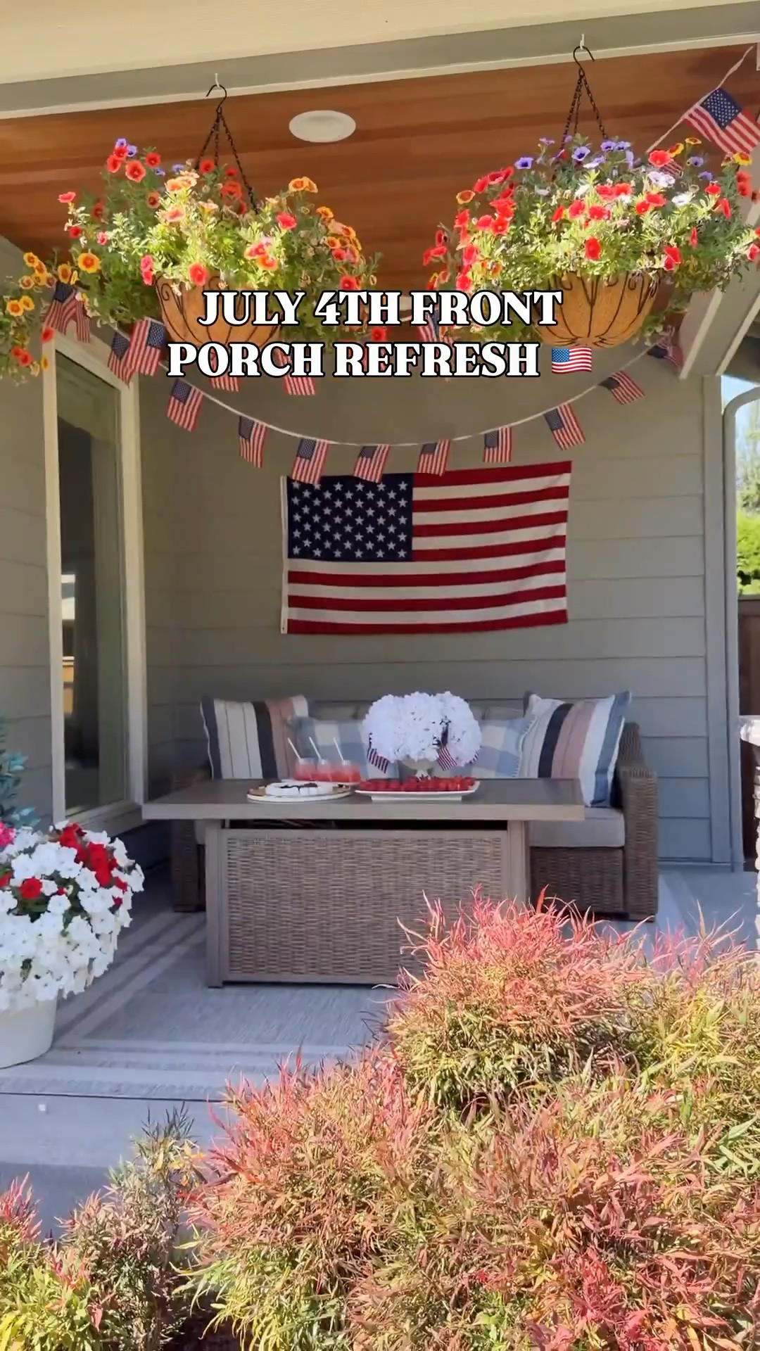 JULY 4TH FRONT PORCH REFRESH 🇺🇸 July 4th patriotic front porch outdoor furniture set up! USA American flag garland with fire pit patio table! 

Fire pit table, straws, plate, tray, pillows, rug, flag picks, bud vases, hanging basket, outdoor sofa, glasses, vases, hydrangeas, American Flag banner

#LTKsummer #LTKhome #LTKfestival