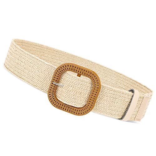 XZQTIVE Straw Belt for Women - Straw Woven Elastic Stretch Waist wide Band Fashion Summer Boho Beach Skinny Dress Belts(1-Beige, Fit waist size below 45 inch) | Amazon (US)