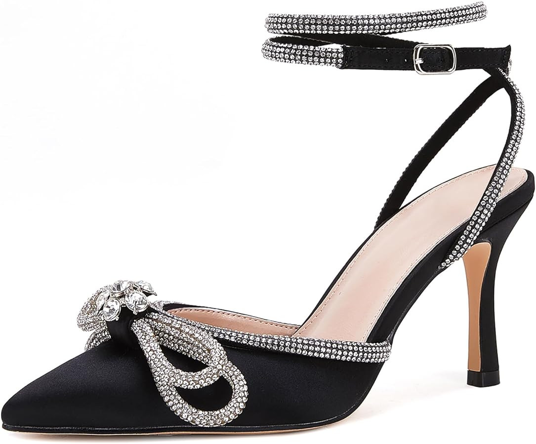 VETASTE Women's Double Bow Pointed Toe Ankle Strap Crystal Pumps Wedding Bridal Party Stilettos B... | Amazon (US)