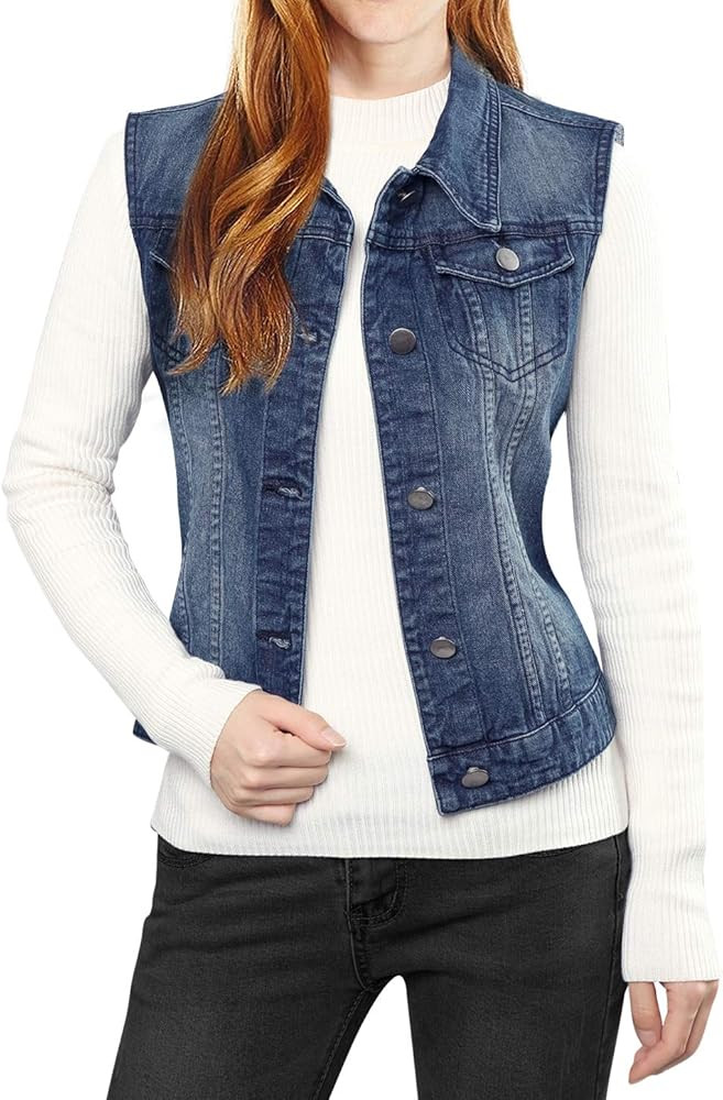 Allegra K Women's Buttoned Washed Denim Vest Jacket W Chest Flap Pockets | Amazon (US)
