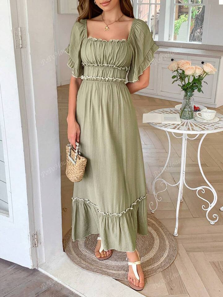 Women's Dress Summer Vacation Casual Color Contrast Skirt With Ruffled Puffy Sleeves | SHEIN
