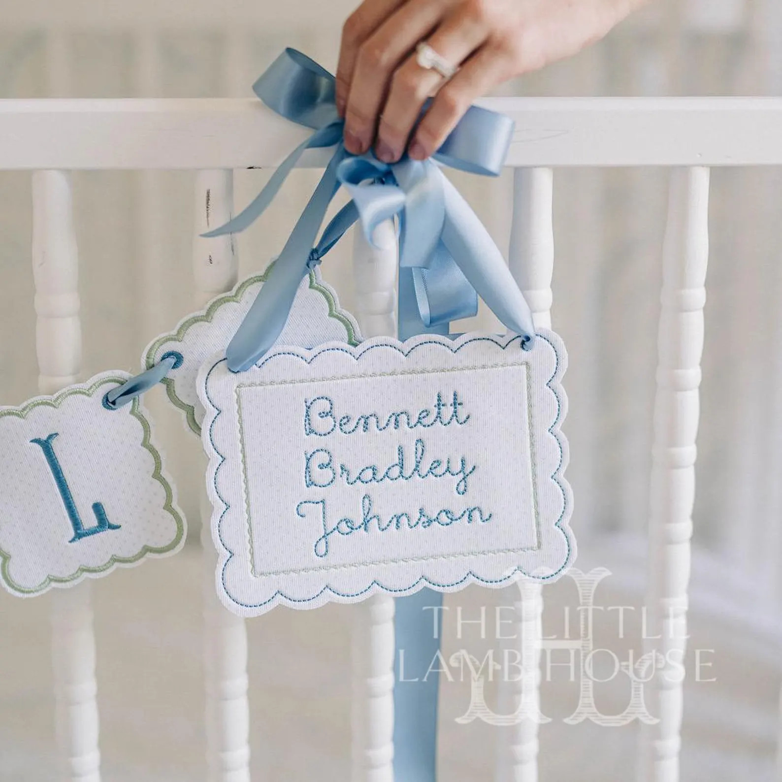 Personalized Baby Name Sign – 5x7 Embroidered Appliqué Wall Hanging with Ribbon – Blue Dot F... | Etsy (Global)