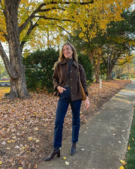 Casual fall style 🍂 Shirt jacket S, turtleneck S (I have these in many colors–a favorite for layering!), 90s straight leg jeans (TTS—I wear standard length), Loeffler Randall booties (similar, less expensive also linked), Vanessa Bruno hobo (similar, less expensive also liked).

#casualfalloutfit #falloutfit #falloutfits2023 #shirtjacket #brownshirtjacket #madewelljeans #straightlegjeans #madewell90sstraight #brownbooties #chocolatebooties #suedebag #shoulderbag #fallbag 