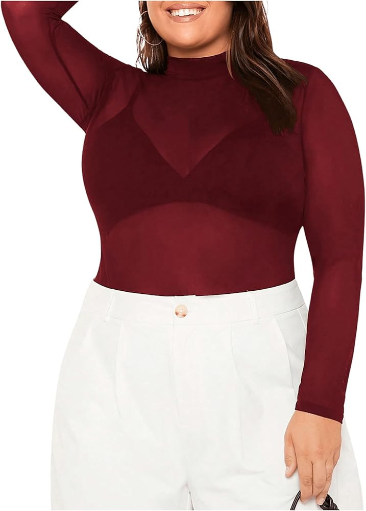 COZYEASE Women's Plus Size Sheer Mesh Tops Mock Neck Long Sleeve Tee Tops Trendy Slim Fit Clubwea... | Amazon (US)
