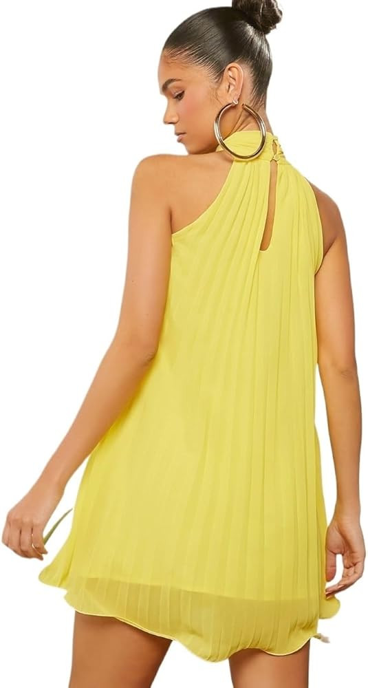 Short Dresses for Women's Casual Neck Tie Pleated Dress Sleeveless A-Line | Amazon (US)