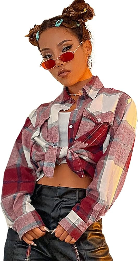 Floerns Women's Casual Plaid Long Sleeve Button Front Collar Blouses Shirts Top | Amazon (US)