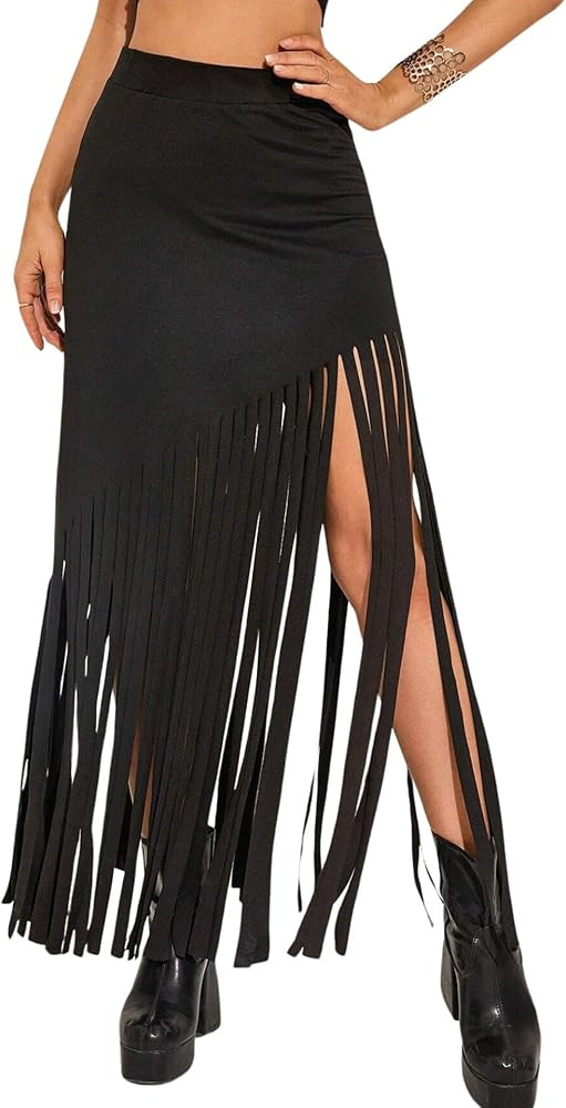 Ella Lust Womens Cowgirl Fringe Maxi Skirts - Western Country Concert Outfits Bodycon Hem Tassel ... | Amazon (US)