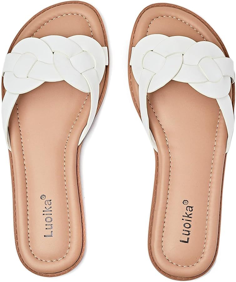Luoika Women's Wide Width Flat Slides Sandals, Casual Comfortable Strap Sandal Summer Beach Dress... | Amazon (US)