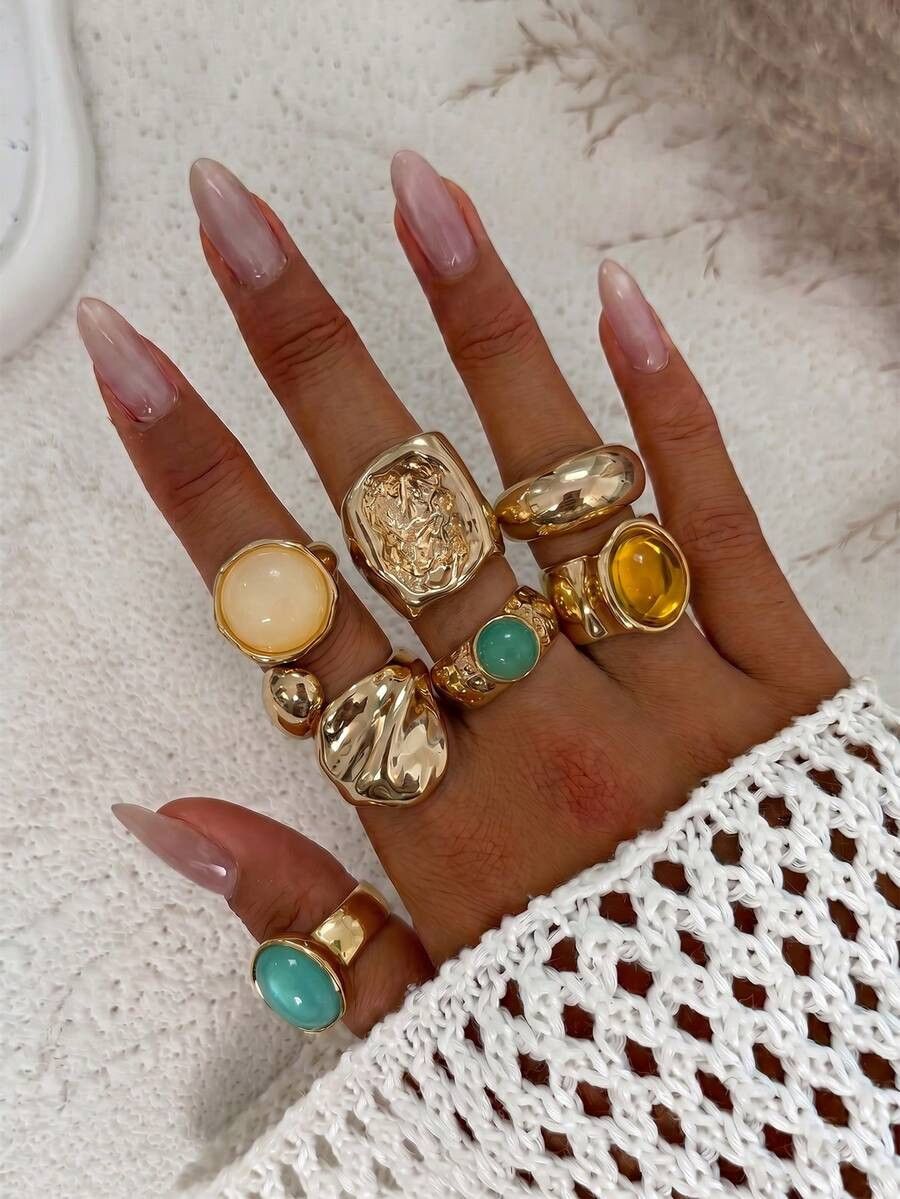 7pcs Set Lava Liquid Metal Asymmetrical Flow Or Hammered Texture Vintage Bohemian Style Rings, Su... | SHEIN
