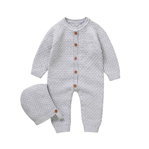 mimixiong Cotton Baby Romper Newborn Baby Knitted Clothes Longsleeve Sweater Outfit for Boy and Girls with Warm Hat Set (Grey, 6-12Months) | Amazon (US)