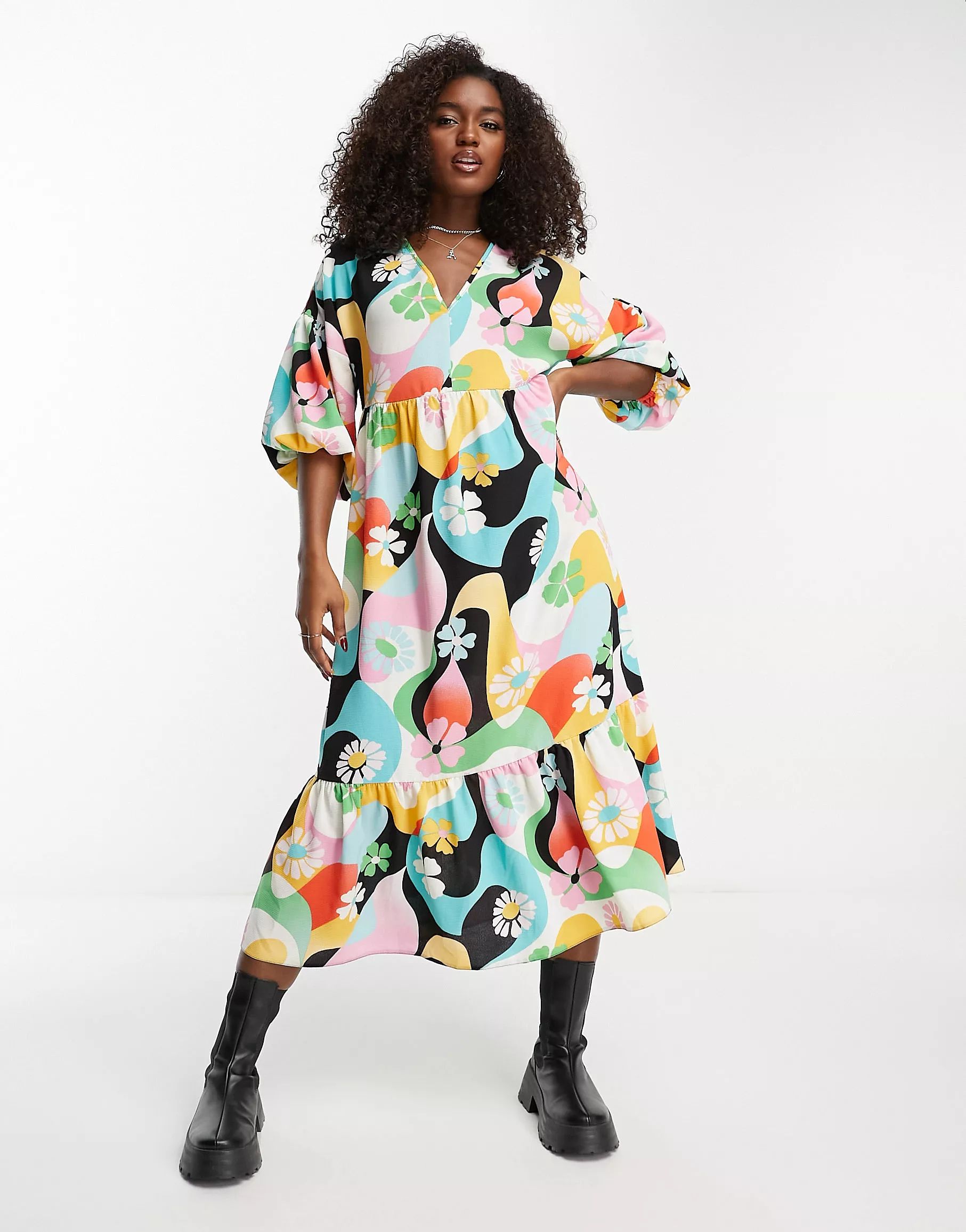 ASOS DESIGN chuck on smock midi dress in bright retro print | ASOS (Global)