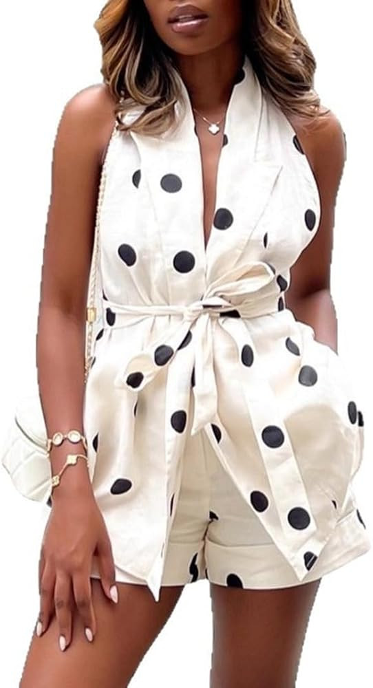 Wuitrie Women's Polka Dot Blouse Shorts Set Halter V Neck Tie Waist Backless Top High Waist Short... | Amazon (US)