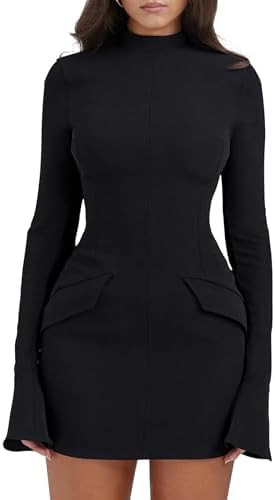 YMDUCH Women's Long Sleeve Mock Turtle Neck Bodycon Mini Tank Short Party Dress | Amazon (US)