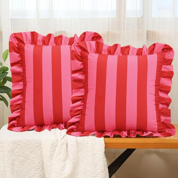vctops Ruffle Square Throw Pillow Covers Boho Pink and Red Striped Decorative Pillowcases Set of ... | Amazon (US)