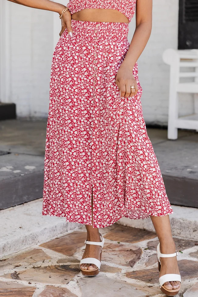 In The Know Red Floral Midi Skirt | Pink Lily