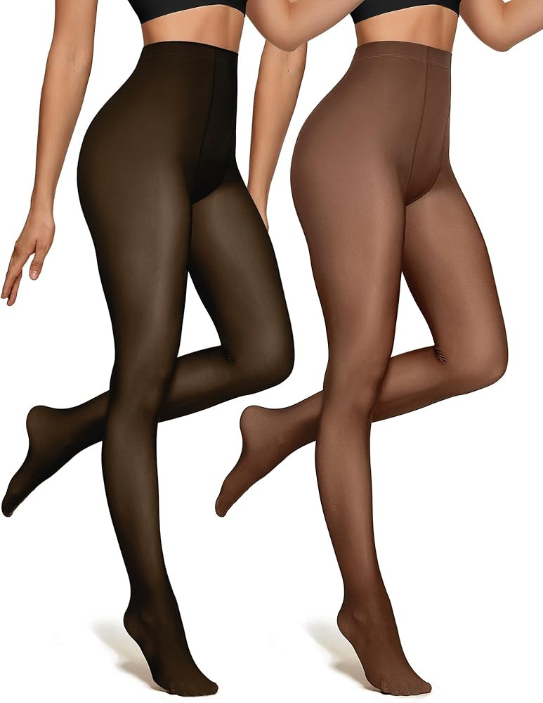 OEAK Womens 2 Pack Fleece Lined Tights Fake Translucent Pantyhose Thermal Opaque High Waisted Leg... | Amazon (US)