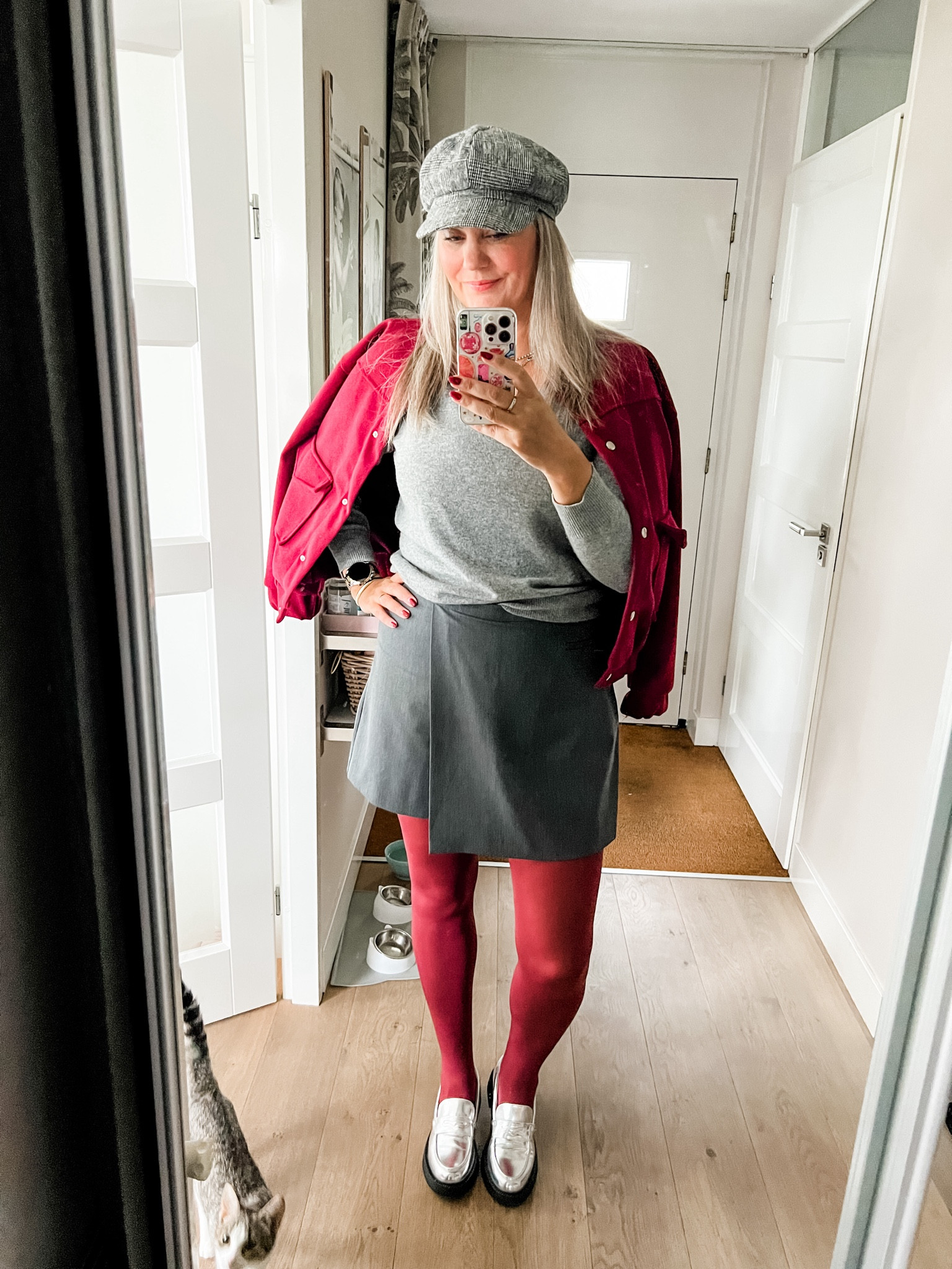 Ootd - Friday. Burgundy bomber jacket (https://most-wanted-nl.mtpc.se/4830676), grey cashmere sweater, grey skort, burgundy tights (Snag), silver chunky loafers (ly, Zara) and a baker boy cap (old).

#LTKeurope #LTKnederlands #LTKautumn