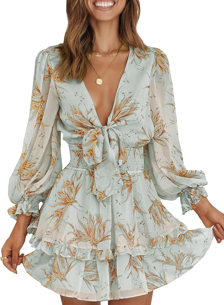 AlvaQ Womens Spring Summer Knot Front V Neck Ruffles Long Sleeve Floral Print Swing Mini Dress | Amazon (US)