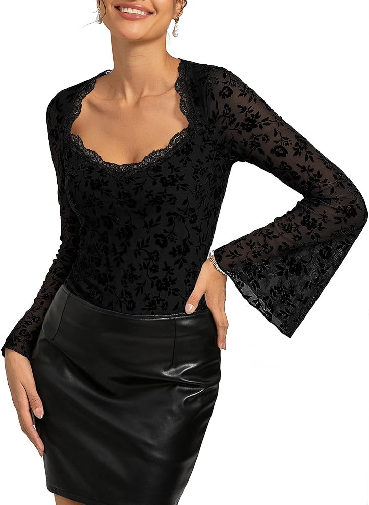 Womens Mesh Long Bell Sleeve Tops, Lace Floral Square Neck Shirts, Y2K Boho Country Concert Outfi... | Amazon (US)