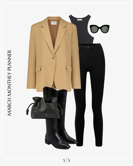Monthly outfit planner: MARCH: Winter to Spring transitional looks | high neck black tank, skinny jeans - leggings, riding boot, oversized tan blazer, crossbody bag, sunglasses 

See the entire calendar on thesarahstories.com ✨ 

#LTKstyletip