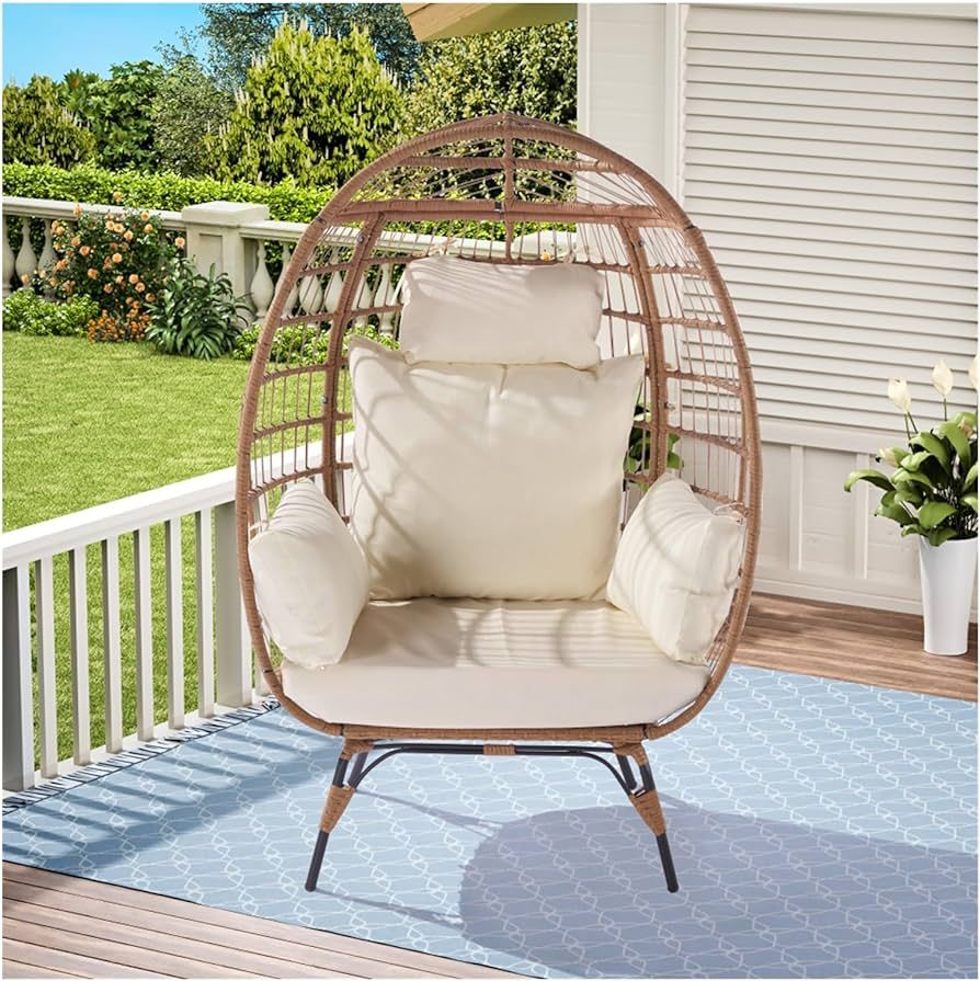 Wicker Egg Chair, Oversized Indoor Outdoor Lounger for Patio, Backyard, Living Room w/ 5 Cushions... | Amazon (US)