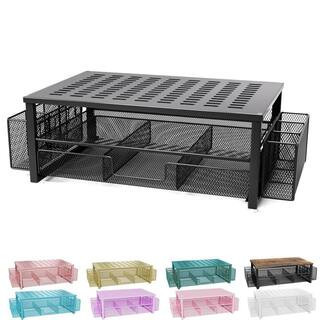 Desk Computer Monitor Stand Riser with Drawer and Pen Holders, Black | The Home Depot