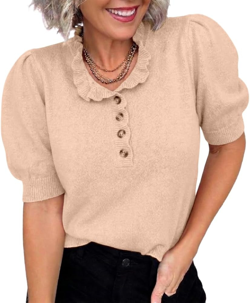 Short Sleeve Sweater for Women Ruffle Crewneck Puff Sleeve Trendy Pullover Knit Tops 2026 Lightweight | Amazon (US)