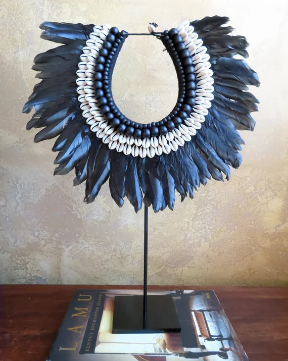 Black Feather Cowrie Shell and Bead Necklace on Stand | Etsy | Etsy (US)