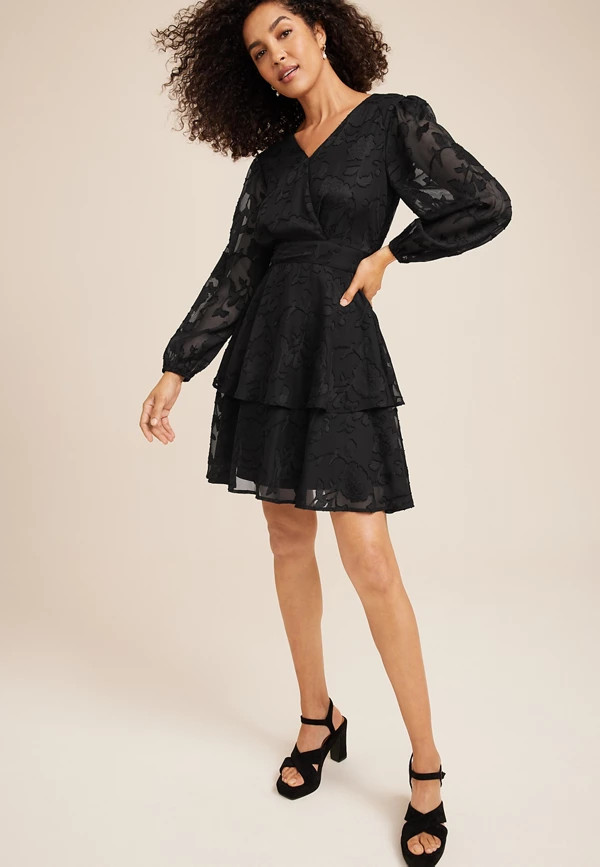 Jacquard Tiered Long Sleeve Skater Dress | Maurices