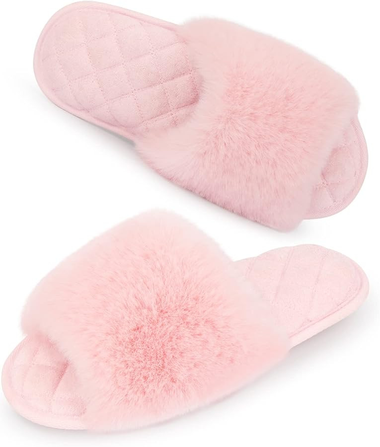 CozyModern Women's Fuzzy Faux Fur Memory Foam Spa Slide Slippers Comfy Open Toe Slip On House Shoes Sandals | Amazon (US)