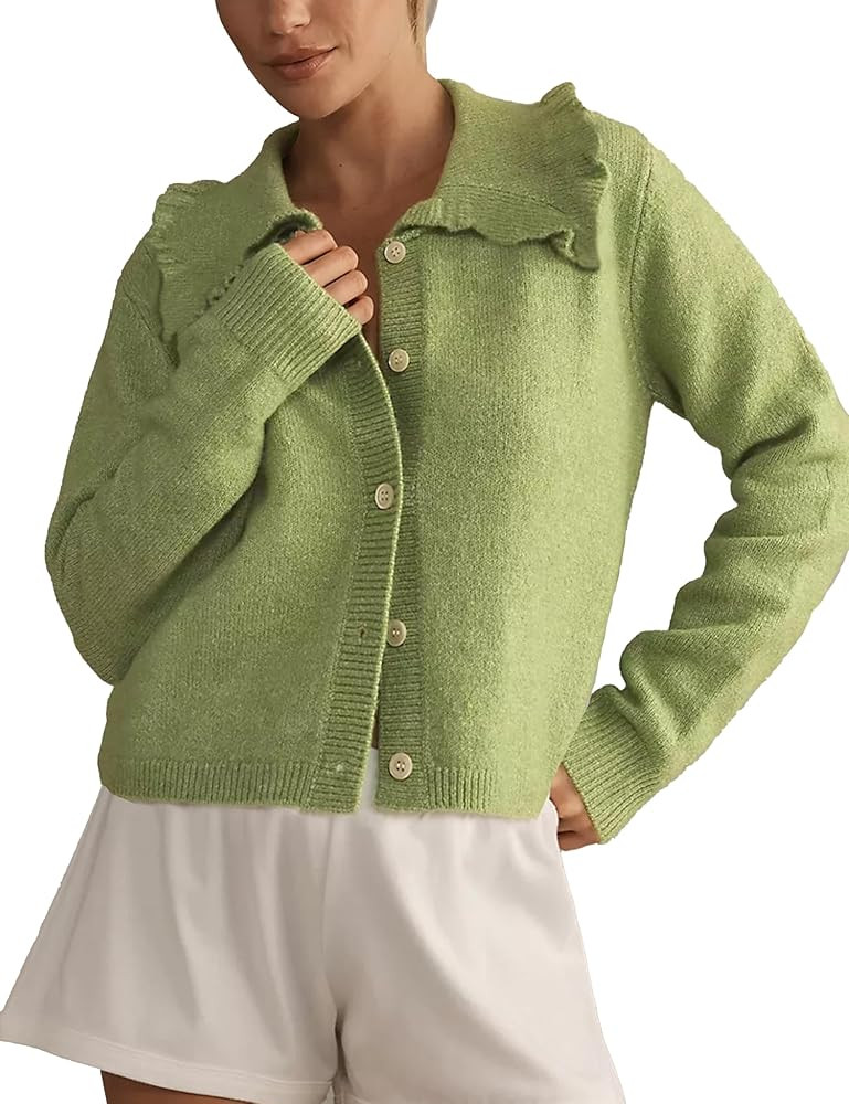 Womens Ruffle Cropped Sweater Open Front Outerwear Elegant Long Sleeve Knitted Cardigan Solid But... | Amazon (US)