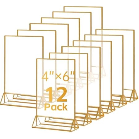 Gold Picture Frames Double Sided - 6 Pack - 4x6 Acrylic Gold Table Number Holders, Clear Easel Table Stands for Signs, Gold Frames for Wedding Table Numbers, Menu Holder, Photo Frame | Amazon (US)