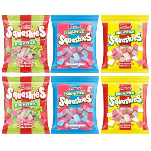 Squashie DrumStick Candies Variety Pack - 2 Pack Original Rasberry & Milk, 2 Pack Sour Cherry & Apple, and 2 Pack Bubble Gum Flavour - 120G (6 PACK BUNDLE) - Imported from UK | Amazon (US)
