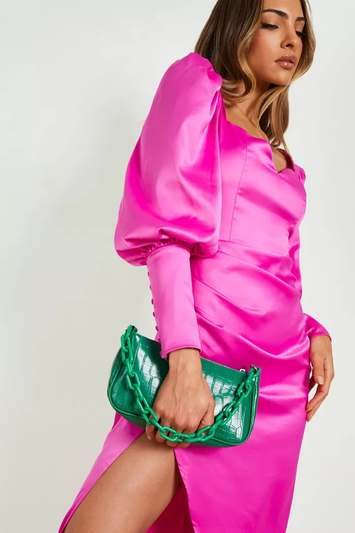 Satin Puff Sleeve Wrap Maxi Dress | Boohoo.com (US & CA)