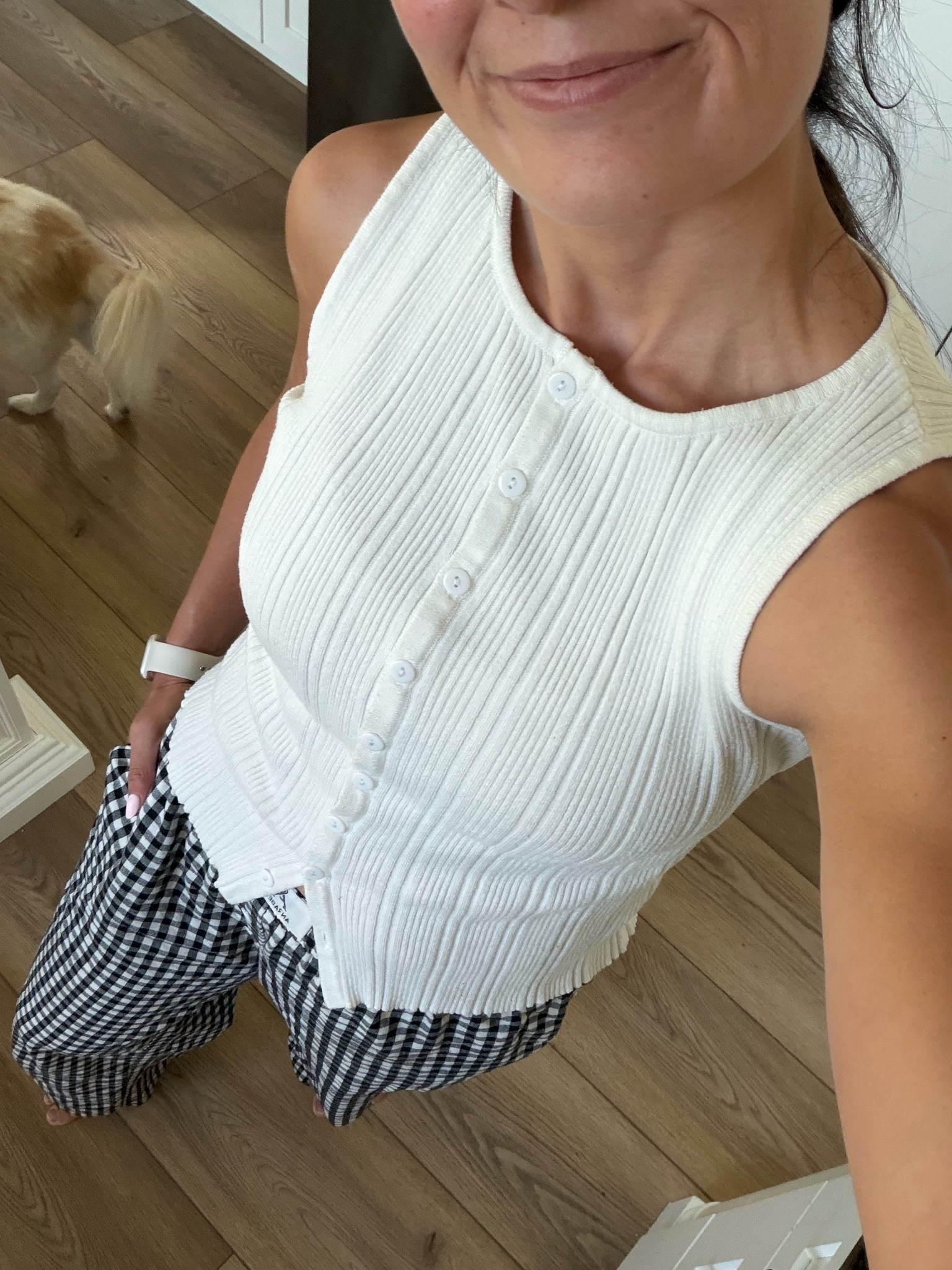 Work outfit . Checkered pants and white ribbed tank top. Button down white tank.

#LTKootd #LTKgrwm #LTKSeasonal