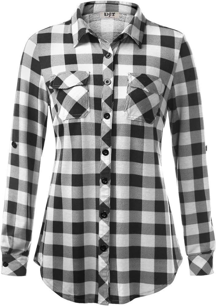 DJT Women’s Roll Up Long Sleeve Collared Button Down Plaid Shirt | Amazon (US)
